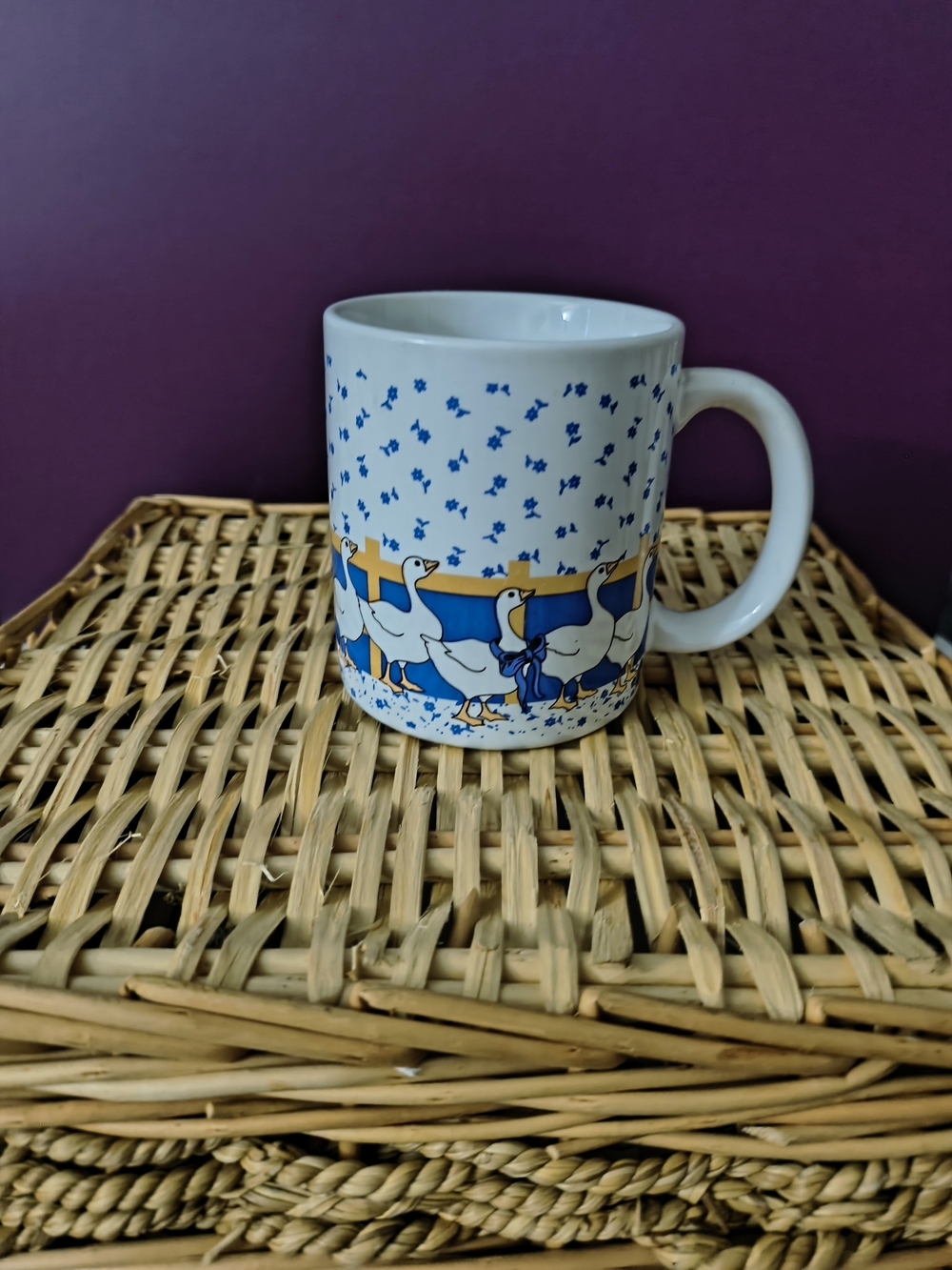 Ceramic Goose Pattern Mug in White and Blue